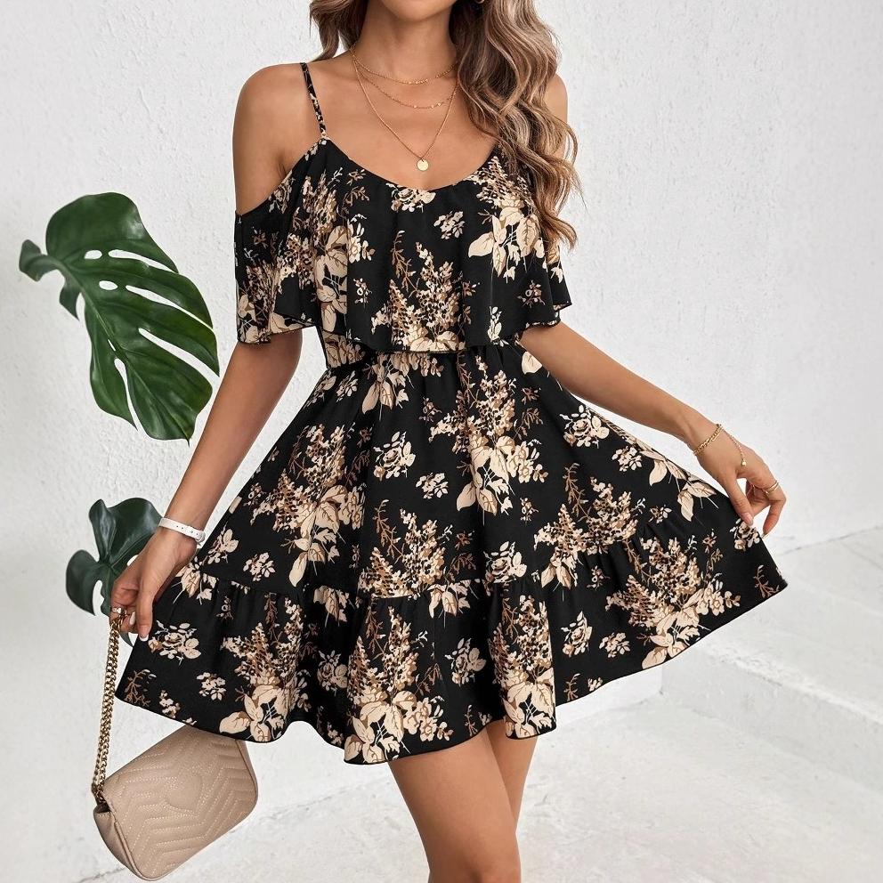 Vintage Bohemian Floral Printed Sexy Ruffle Sling Tops Mini Dresses Women Summer Sundress Slim Fit Sleeveless V-neck Beach Dress S