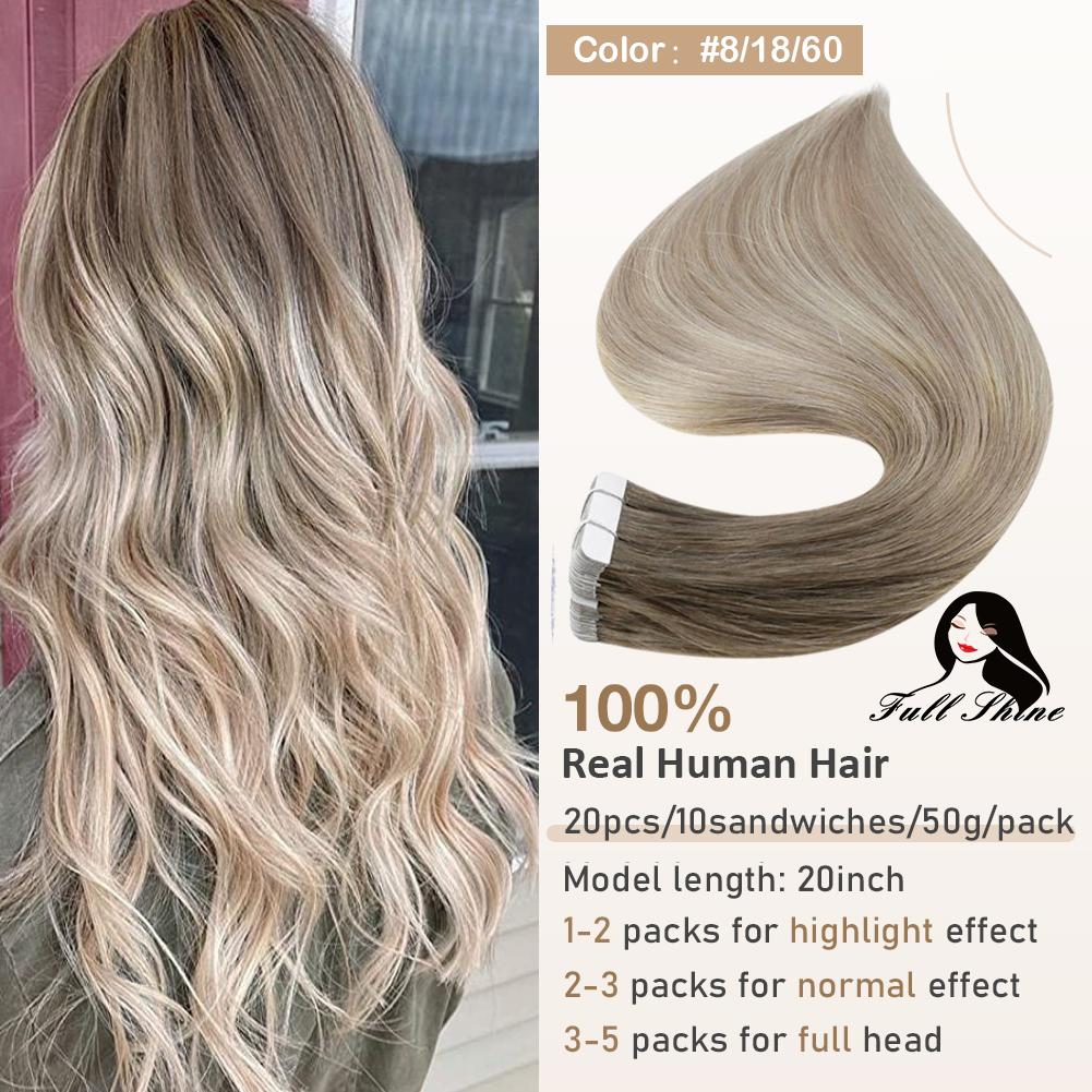 Full Shine Tape in Hair Extensions Remy Human Hair Balayage Highlights Natural Hair For Salon