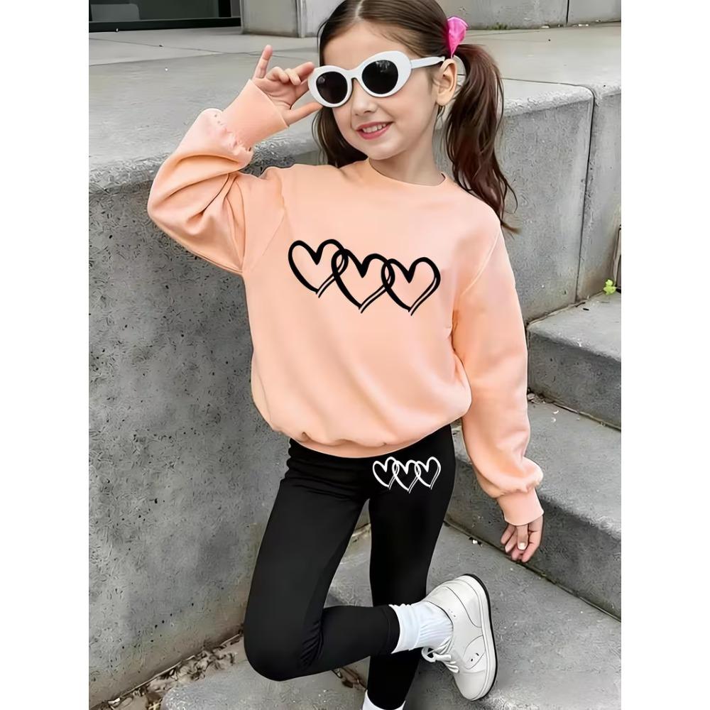 Girls' Triple Hearts Casual Comfortable Soft Loose Pullover Sweatshirt and Leggings 2-Piece Set, New Autumn/Winter, Playful, Sweet and Cool Style