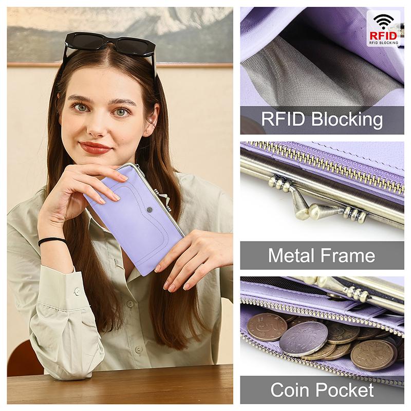 CONTACT'S Genuine Leather Fashion  Long Wallet Women Colorful Coin Pocket with Photo Slot Soft Female Purse Wallets