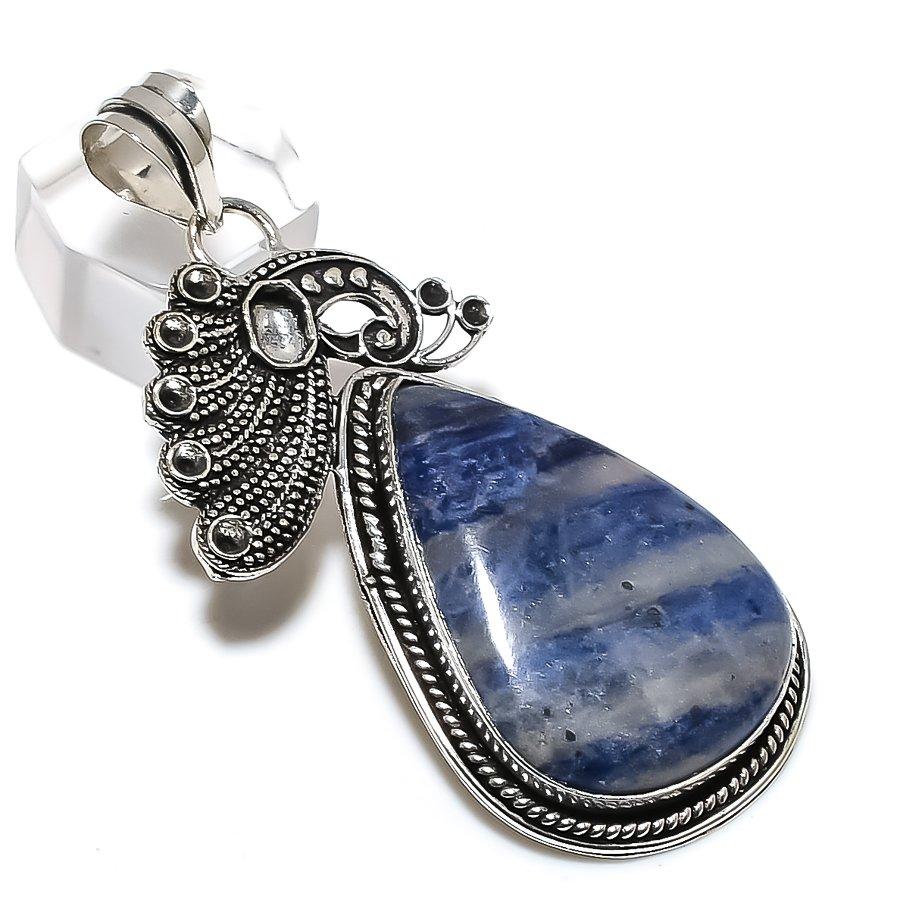Natural Sodalite Gemstone Handmade 925 Steling Silver Jewelry Pendant 2.68" D6g72