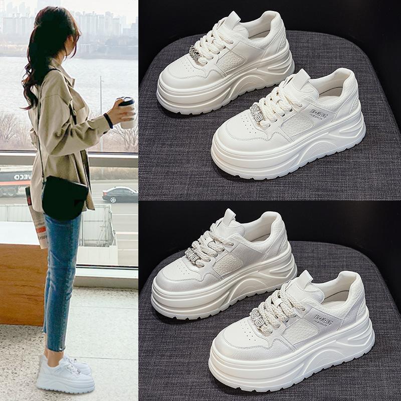 2025 Spring and Autumn New Korean Version of Thick-soled Heightening White Shoes Women's Leather Lace-up Showing Feet Small Casual Versatile Muffin