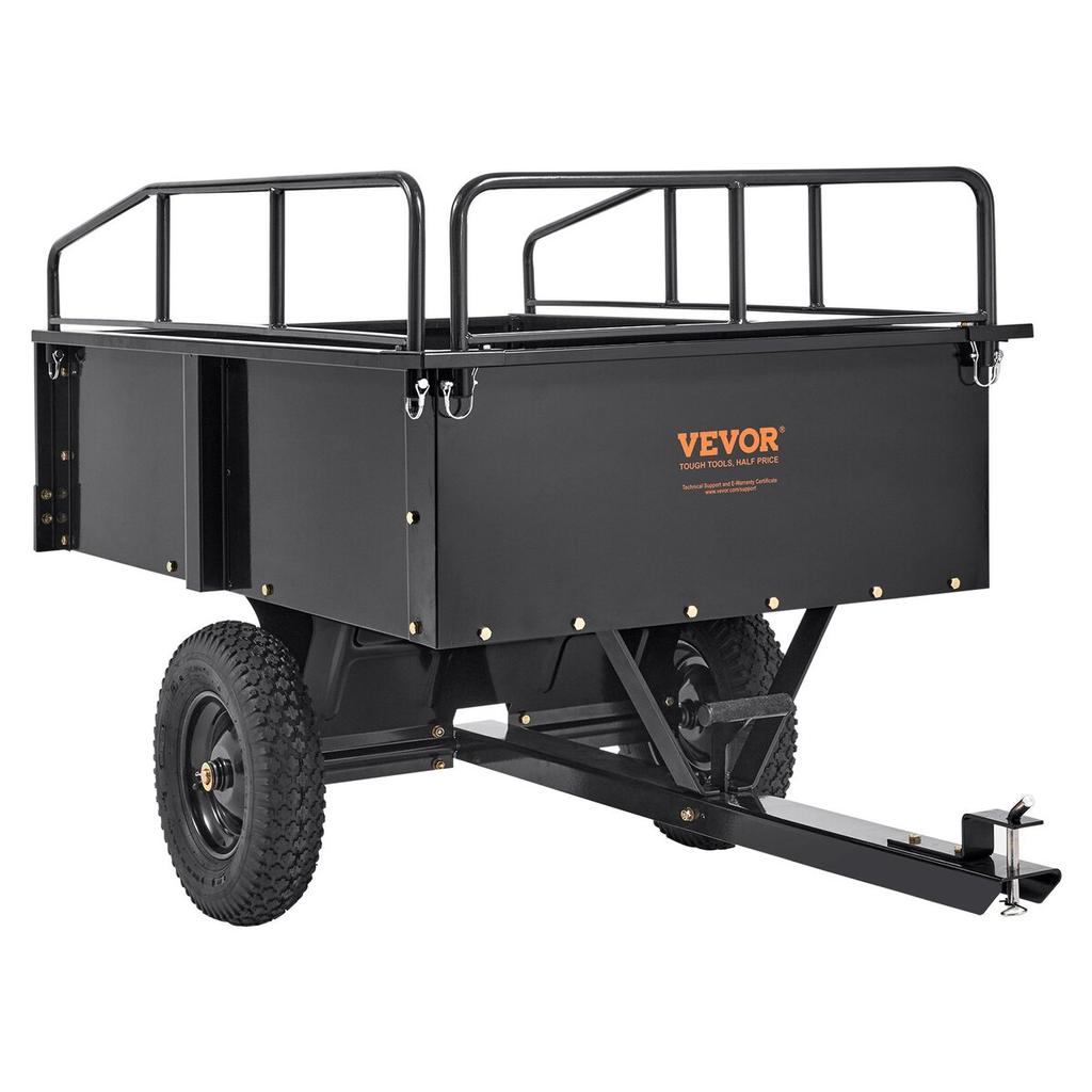 Heavy Duty ATV Trailer Steel Dump Cart, 750-Pound 15 Cubic Feet, Garden Utility Trailer with Removable Sides for Riding Lawn Mower Tractor