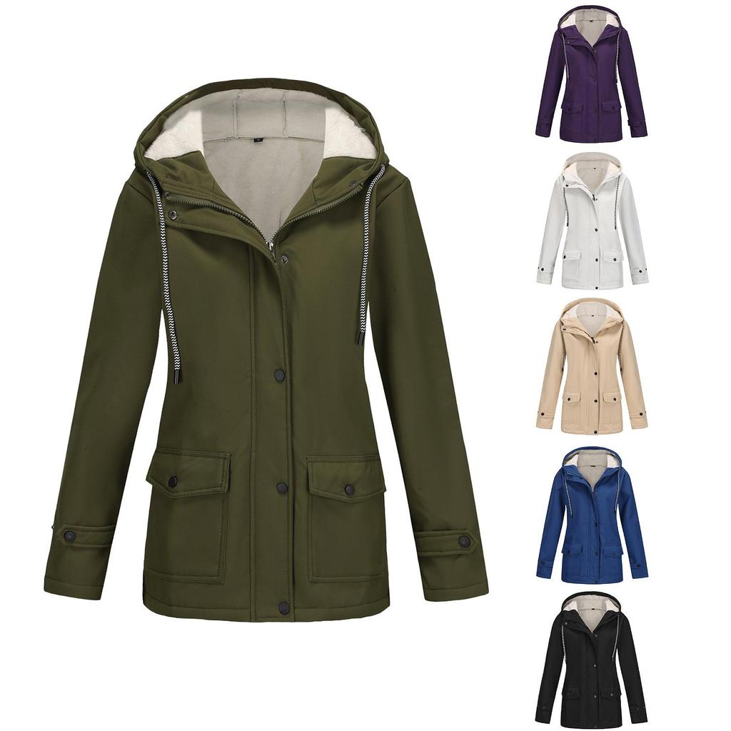 European and American Style Women's Hooded Windbreaker Coat, Fleece-lined, Waterproof, Suitable for Spring and Autumn.