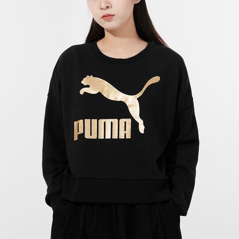 (WMNS) PUMA Classics Logo Printing Round-neck Swea Black Women's 531382-66