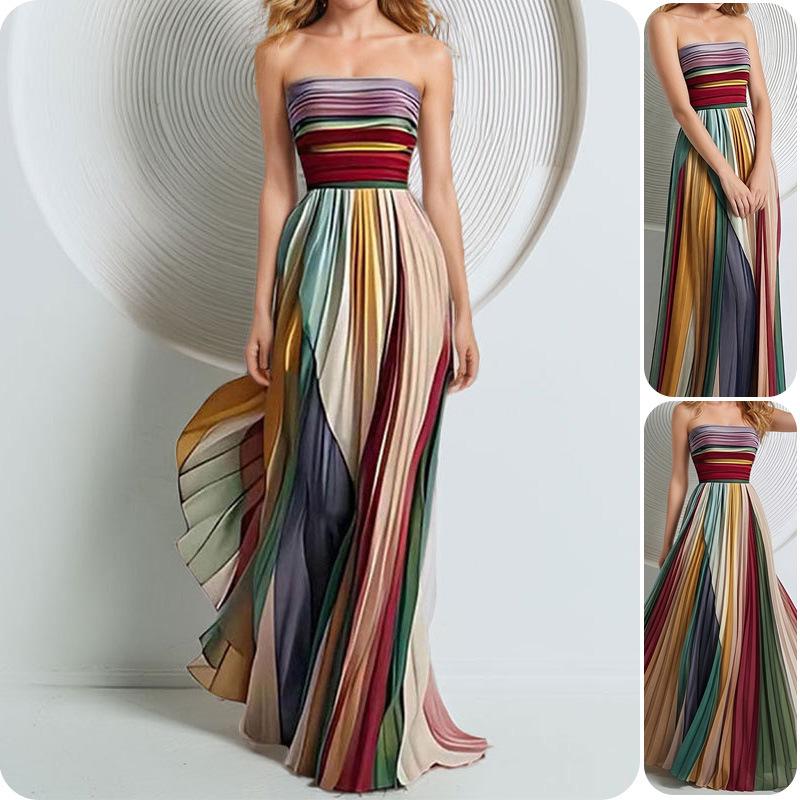 2026 Spring New European & American Women's Sleeveless High Waist Bandeau Maxi Dress with Print