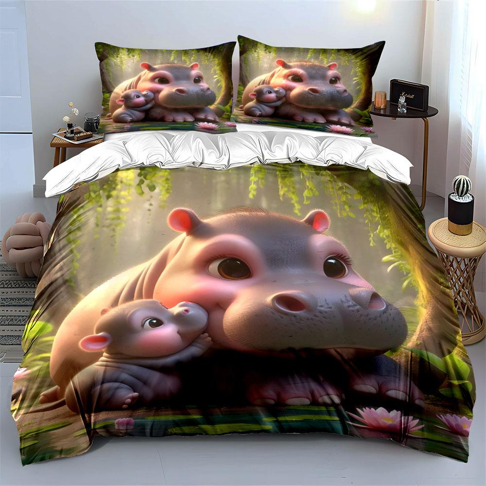 Cute Hippo Family Bedding Set Bedding Duvet Cover Set Duvet Cover Pillowcases (1 * Duvet Cover 2 * Pillowcases, without duvet insert)