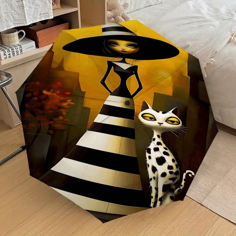1pc witch, cat Automatic Open/Close Umbrella Compact Folding Umbrella with 8-Rib Shaft for Women/Men, Portable Travel Umbrella,1148S