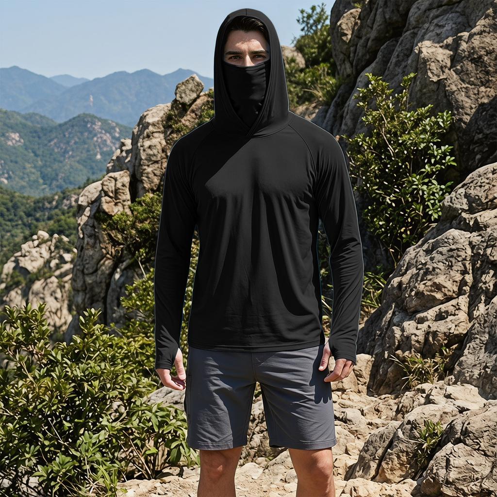 Herren Langarm Kapuzen-Outdoor-Hemd Leicht UV-Schutz Sonnenschutz Sportoberteil zum Wandern Laufen und für Freizeitkleidung