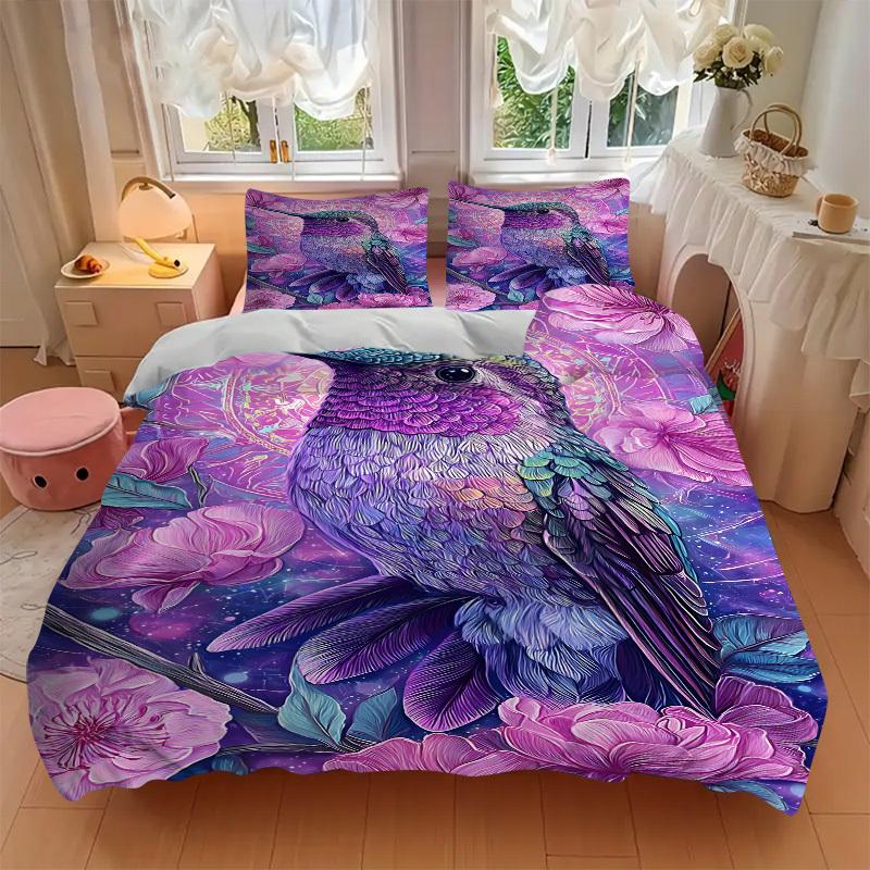 3pc Hummingbird Flowers Cover Set - 1 Quilt Cover + 2 Pillowcases, All Seasons Bedroom Setting, Perfect for Home018