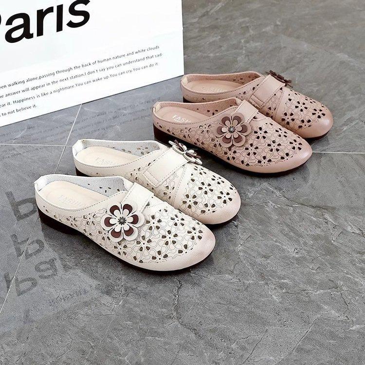 Soft Leather Hollow Breathable Soft Sole Middle-aged and Elderly Baotou Half Slippers Women's Summer Casual Versatile Non-slip Comfortable Mother Sho