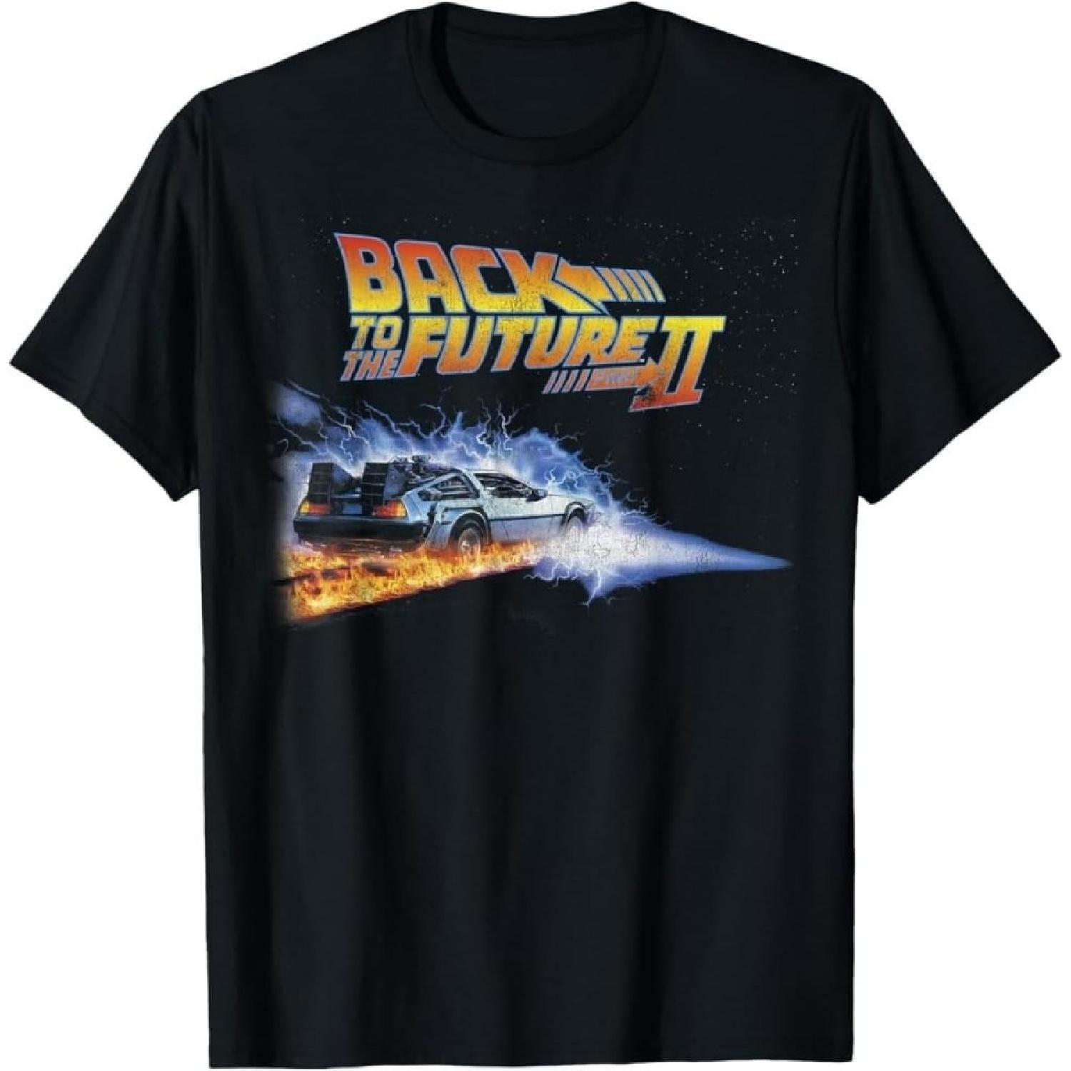 Retro Sci-Fi Graphic Tee with Back to Future Inspired Design - Black Cotton T-Shirt Featuring Flying Car Illustration S