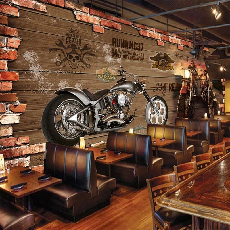 Retro Motocykl Cihlová Tapeta Restaurace Kavárna Kreativní 3D Nástěnná Dekorace Obývací Pokoj Ložnice Domácí Dekor