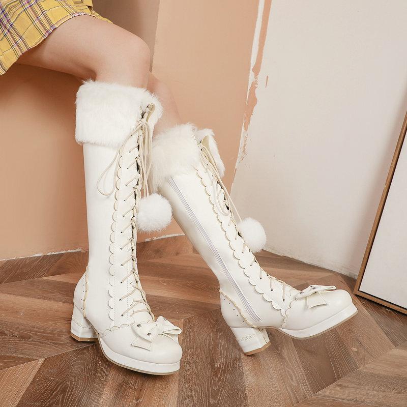 Japanese lolita cute soft girl sweet round head lace-up tall hairball warm cos princess  long boots