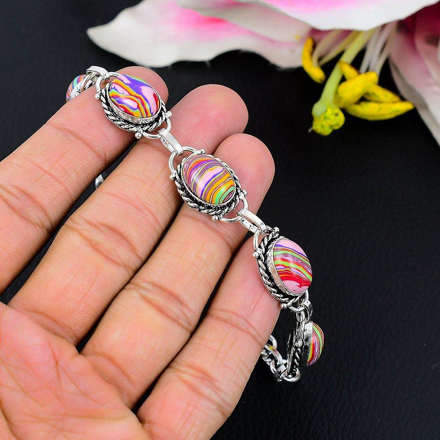 Orange Calsilica Gemstone Handmade 925 Sterling Silver Bracelet 7-8" KG-201