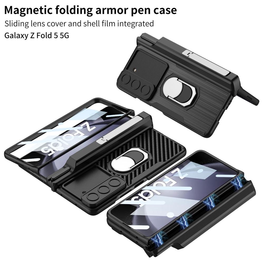 Samsung Z Fold 5 Armor Leather Case with Lens Cover, Magnetic Closure, Folding Pen Holder, and Stand