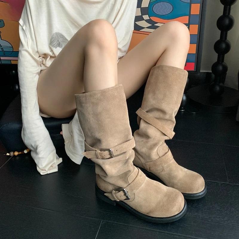Autumn Winter Thick Heels Women Western Cowboy Boots Fashion Belt Buckle Shoes Female Pleated Long Booties Zapatos De Mujer