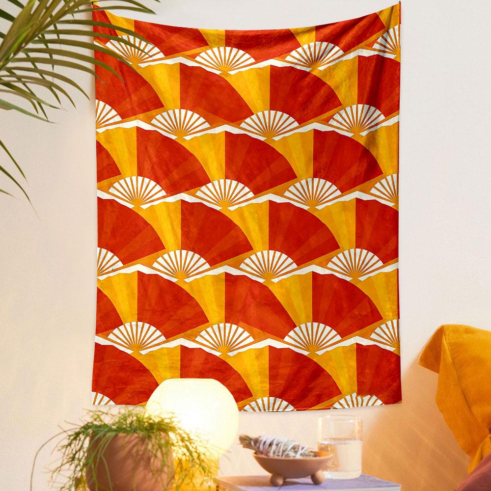 Red and Yellow Fan Pattern Design Patterned tapestry home decor, suitable for bedroom and living room, gift