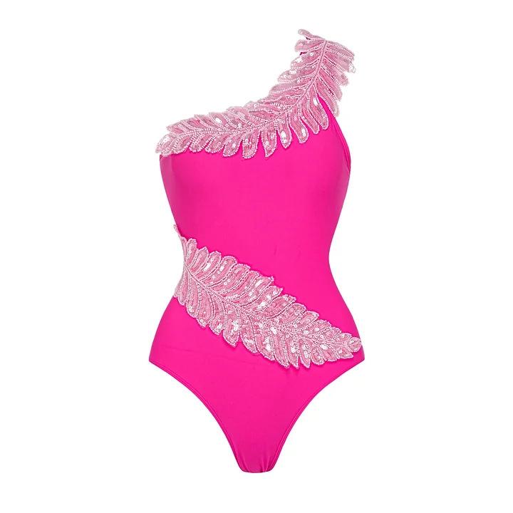 1011 European and American swimwear new fresh green beads embroidered solid color one-piece swimsuit women's explosion 11011