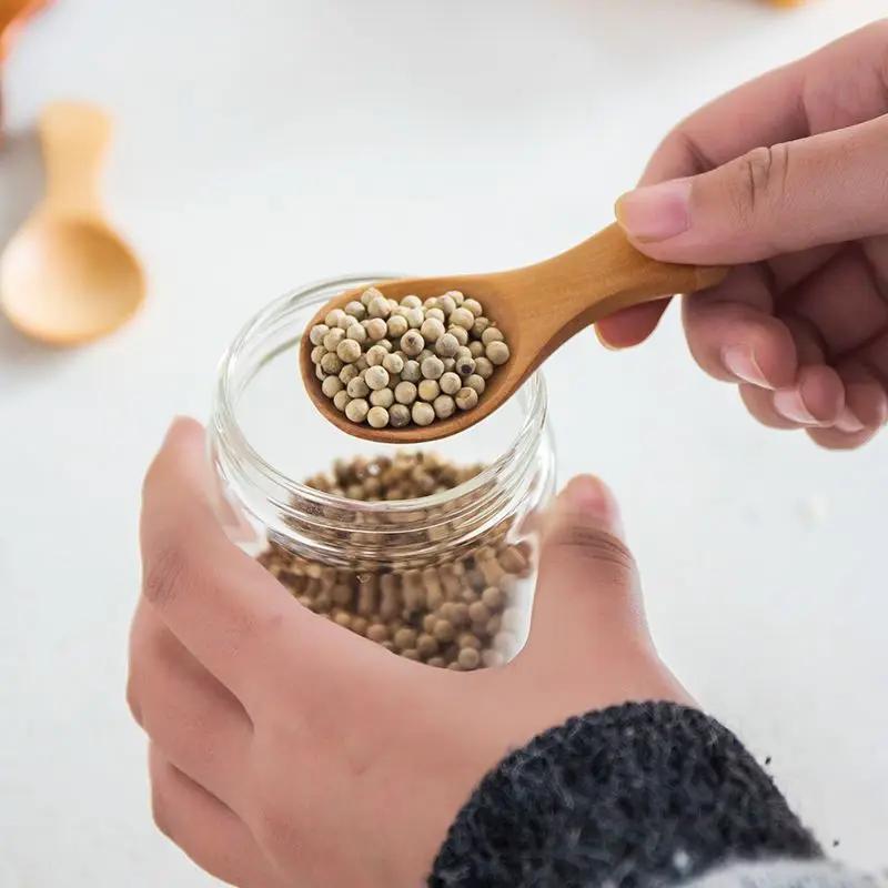 Mini Wooden Spoons Short Handle Coffee Tea Sugar Spoons Dinner Party Dessert Scoops Kitchen Tableware Spice Condiment Spoon
