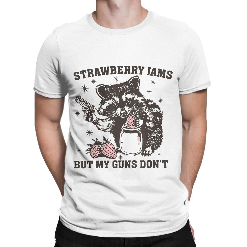 Men Strawberry Jams But My Don't Funny Raccoon T Shirt  100% Cotton Tops Leisure Short Sleeve Crewneck Tees Plus Size T-Shirts