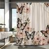Modern Floral Printed Pink Butterfly Shower Curtain Metal Buttonhole Washable Bathtub Curtain Waterproof with Hook