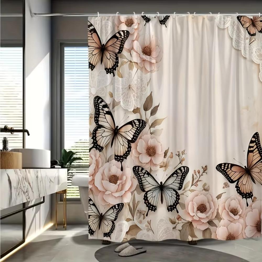 Modern Floral Printed Pink Butterfly Shower Curtain Bathroom Partition Curtain  Spring