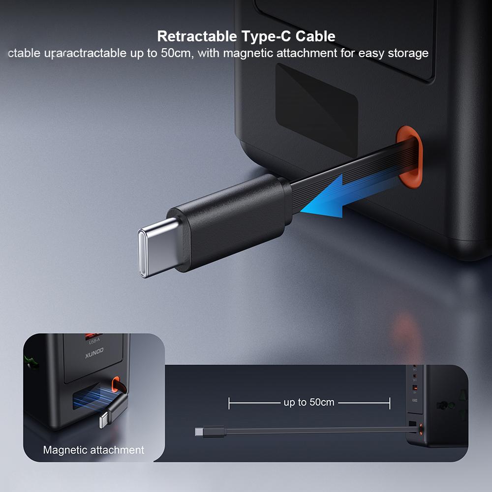 XUNDD XDCH-123 PD 30W Universal USB Power Strip with Retractable Cable Desktop Charging Station, 2 AC + 3 USB-C + 1 USB-A