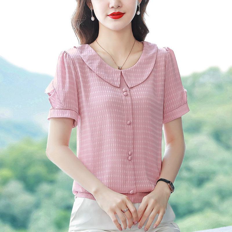 

Летняя блузка большого размера женская винтажная шифоновая рубашка повседневная свободная с коротким рукавом топы 4XL розовый