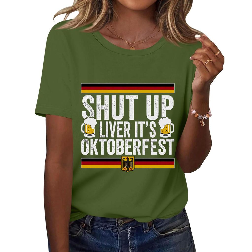 Unisex Casual Short Sleeve Pullover T Shirt with Letter Print Crew Neck Top Suitable for Oktoberfest and Everyday Wear