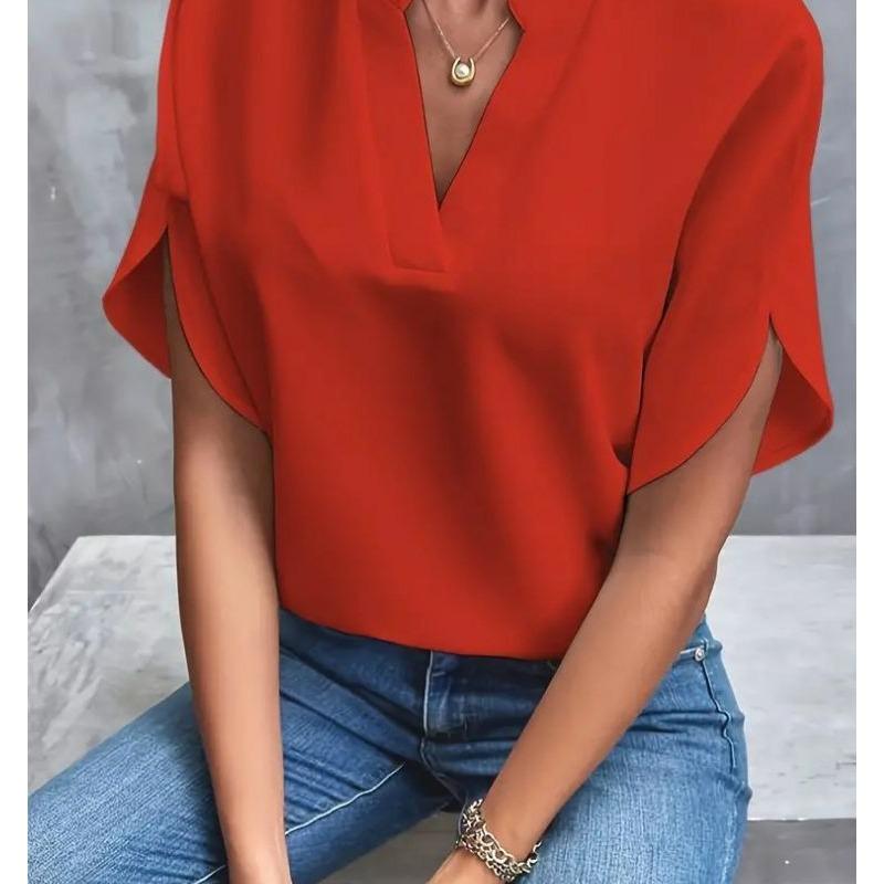 Damen 2025 Sommer Casual Einfarbig V-Ausschnitt Locker Bluse Tops für Damen