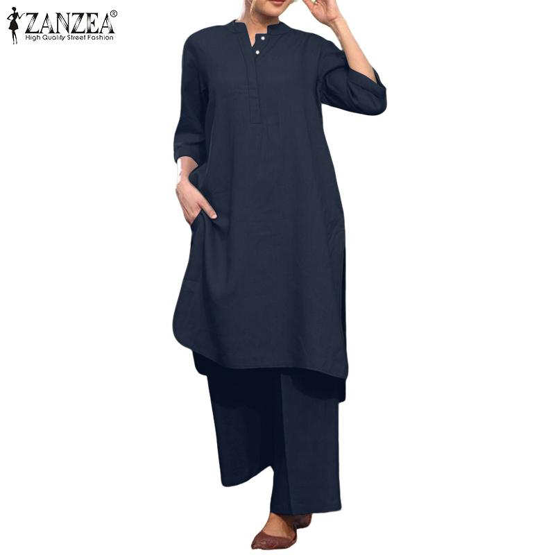ZANZEA Women Long Blouse and Pants Casual Two Piece Suit Sets