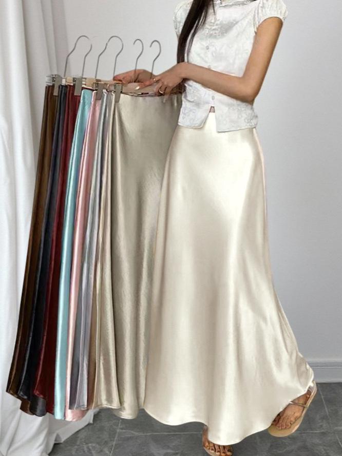 Women's Satin Acetate Light Luxury Elegant Skirt for Spring, Summer, and Autumn