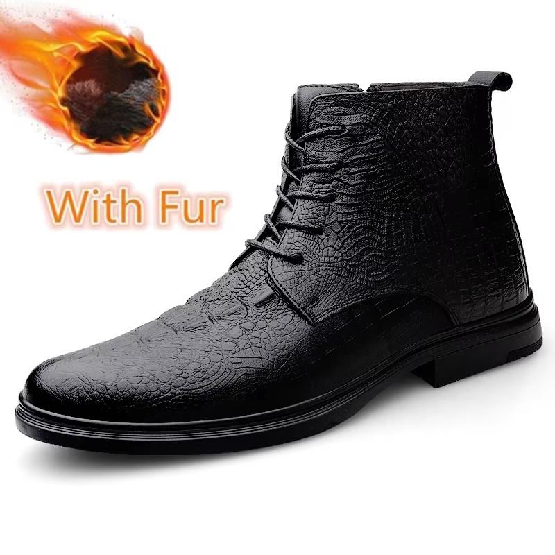 Fashion Male Warm Plush Fur Winter Botas High Quality Mens High Top Shoes Genuine Leather Men's Motorcycle Boots Handmade Man Ankle Boot