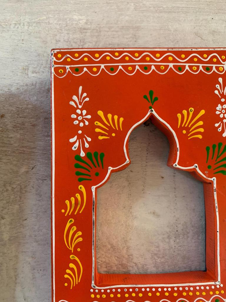 Hand-Carved Wooden Mehrab Wall Frame: Rajasthani Painted Jharokha (Set of 4)