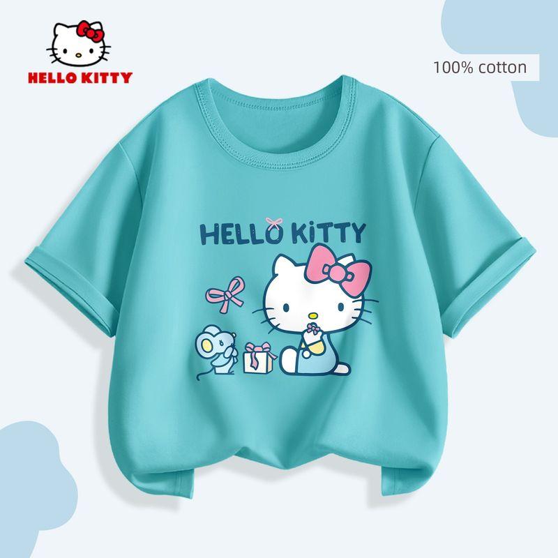 Kitty Girls' Pure Cotton Short-Sleeved Kidsren's T-Shirt Pink Little Girl Spring Wear Inner Wear Half-Sleeved Shirt for Small and Medium-Sized Kidsren