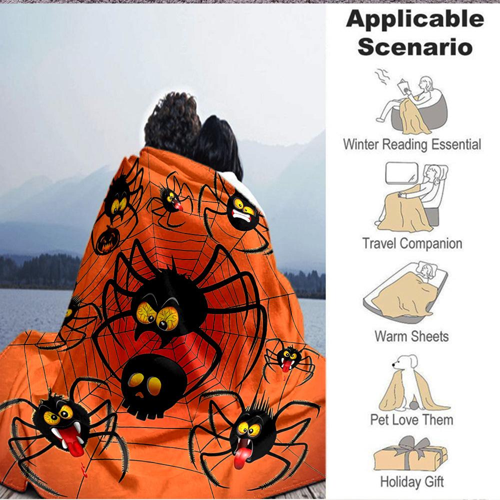 1pc Halloween Spiders Flannel Throw Blanket HD Printed Lightweight Soft Warm All Season Blanket for Sofa, Bed, Travel, Camping Machine Washable