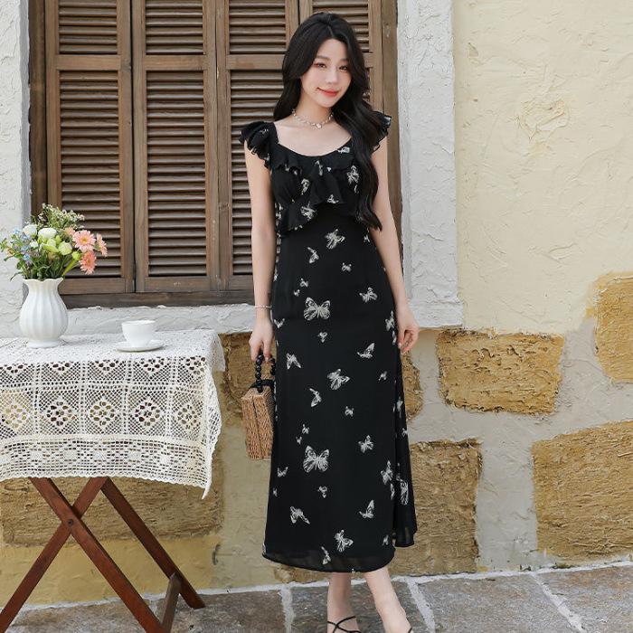 Black French floral retro dress women s summer new butterfly print small flying sleeve sleeveless temperament long dress S
