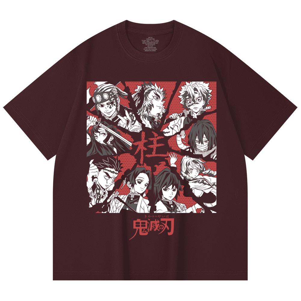 

230 Gsm 100% Cotton Demon Slayer V81 Hashiras Print Unisex Heavy Cotton T Shirt 2XL вина червоного кольору