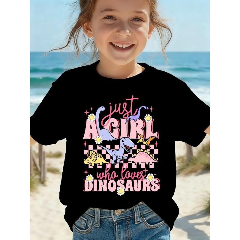 

European sizes Cute Cartoon Just a Girl Dinosaur T-Shirt with a Round Neck, Patchwork Design, And Short Sleeves 98cm чёрный