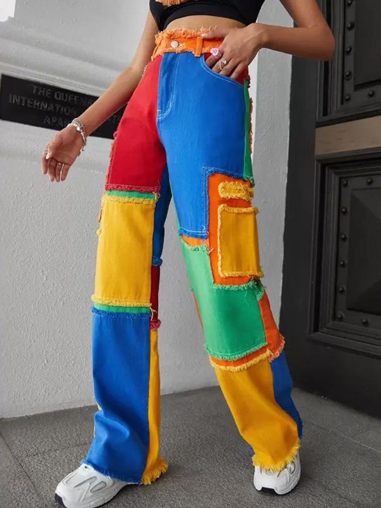 2026 Spring/Summer Women's Colorful Patchwork High Waist Straight Jeans