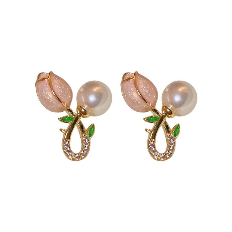 Pearl Tulip Flower Earrings Women Girl Simple Cute Pastoral Style Stud Earrings Casual Accessory Jewelry Gifts