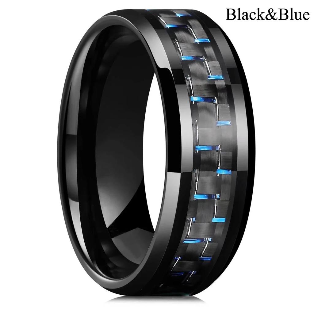 Luxury 8MM Men Gold Color Stainless Steel Rings Black Carbon Fiber Rings For Men Engagement Wedding Band Jewelry Drop Shipping
