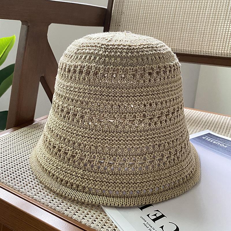 Knitted Hollow Bucket Hat Women's Summer New Solid Color Breathable Sunscreen Sunshade Bucket Basin Hat Sun Hat