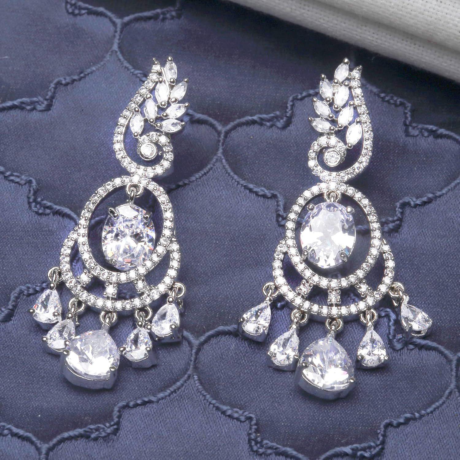 Rhodium-Plated American Diamond Studded Oval & Leaf Shaped Drop Earrings For Girls and Women