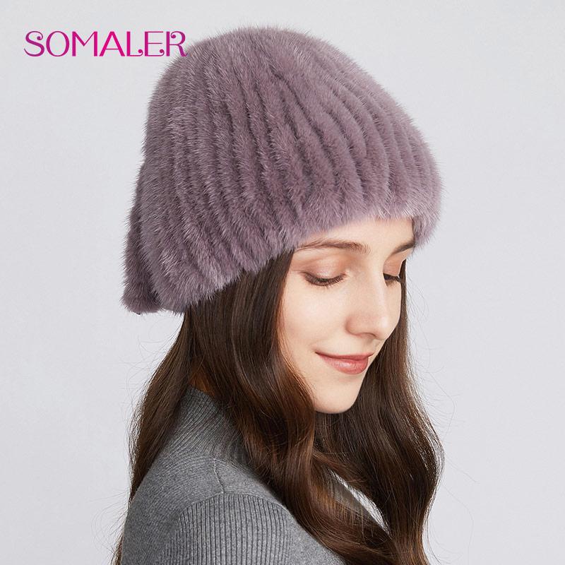 SOMALER Winter Real Mink Fur Knit Hats for Women Knitted Warm Fur Hats Girls Skull Beanie with Three Tails Cold-proof Cap