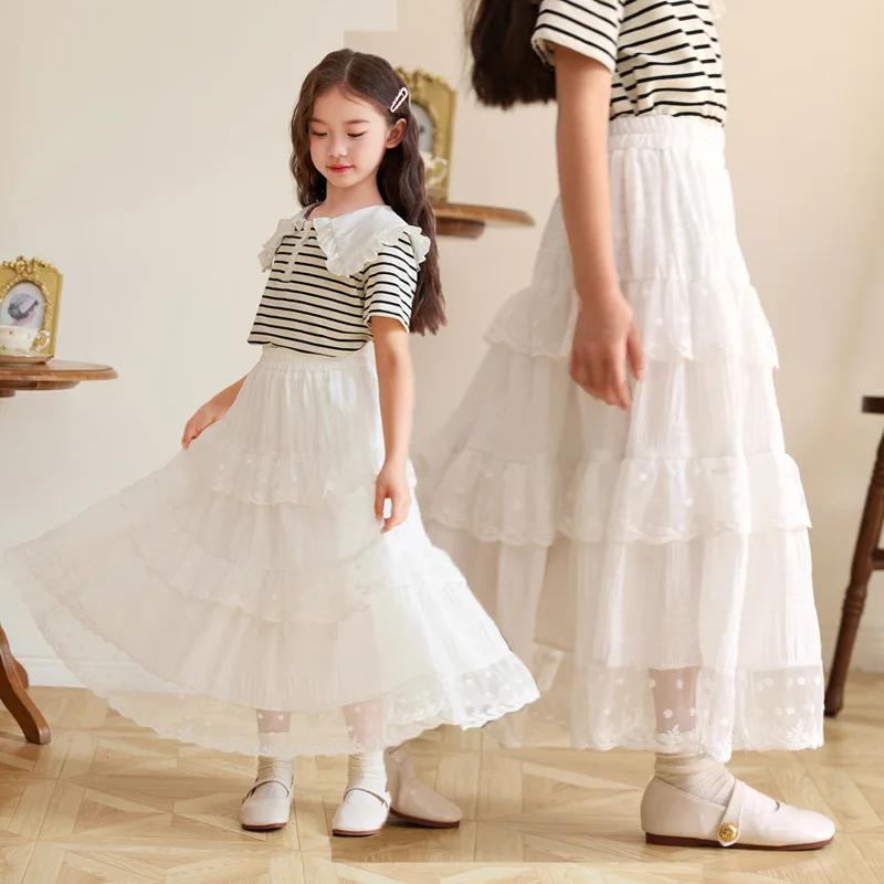School Stylish Girls Princess Tiered Skirt Summer Long Lace Dress Elegant White Party Skirt for Little Girls (Toddler To Kids)
