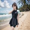 Korean Style Color Block Slimming One-Piece Skirt Swimsuit for Women - Sporty, Conservative, Beach Vacation Cover-up