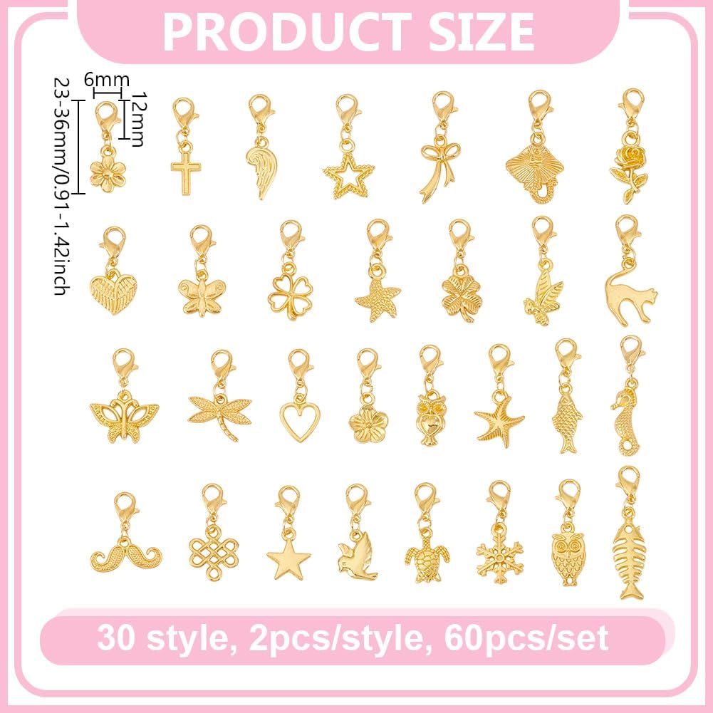 60Pcs 30 Styles Clip on Charm Pendants 22.5-35.5mm Dangle Charms with Lobster Clasp Mixed Styles Craft Charm for Jewelry Making