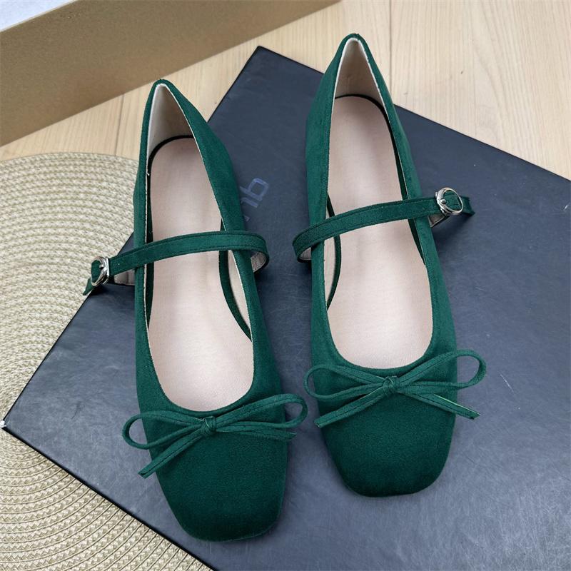Fashion Flat Shoes for Women Suede Square Toe 2025 Spring and Autumn New Bow Flat Bottom Mary Jane Shoes Plus Size Women's Shoes 43 44